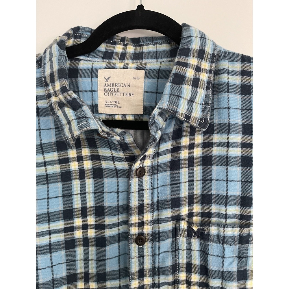 American Eagle Outfitters Men's Long Sleeve Flannel ButtonUp Plaid XLT No77 Blue